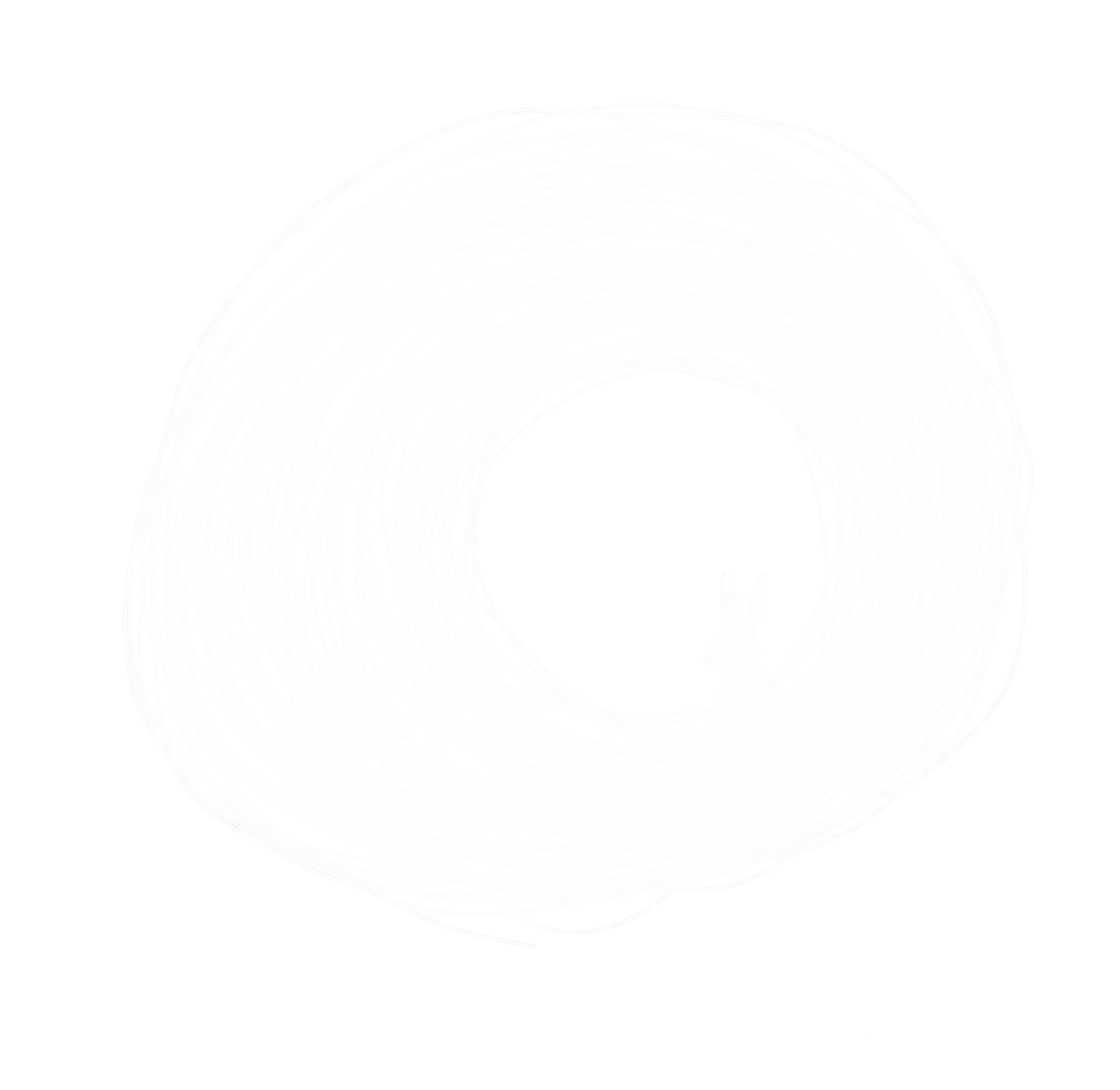 Hand-drawn rabbit at the edge of a swirling rabbit hole